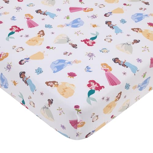 Disney Princess Pink, Blue, Yellow, and White Super Soft Nursery Fitted Crib Sheet