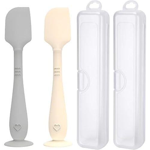 2 Pack Diaper Cream Spatula with Hygienic Travel Case, Baby Butt Paste Spatula with Suction Base, Soft Silicone Diaper Rash Cream Applicator Large Size (Gray & Offwhite)