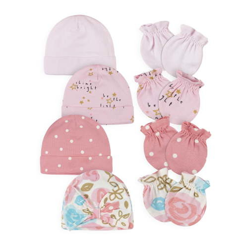 Gerber Newborn Baby Girls 8-Piece BOW Accessory Set - Caps & No Scratch Mittens, Perfect Gift