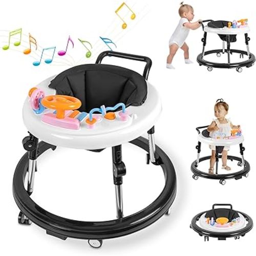 Baby Walker Foldable, Baby Walkers and Activity Center for Boys Girls Babies 6-18 Months with Feeding Tray & Music, and 5 Adjustable Heights, Baby Walker with Wheels…