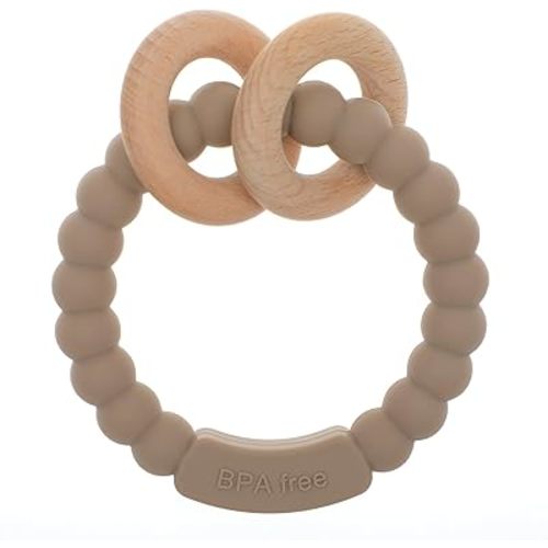 Baby Teether, One Piece Design Silicone & Beech Teething Ring Toy for Babies, BPA Free (Sand)