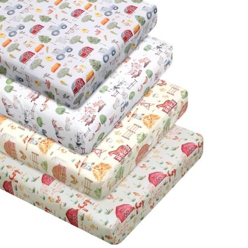 4 Pcs Farm Animals Crib Sheet Set Newborn Bedding Nursery Baby Sheets for Girl Boys Baby Gifts for Standard Crib and Toddler Mattresses, 52 x 28 x 8 Inches
