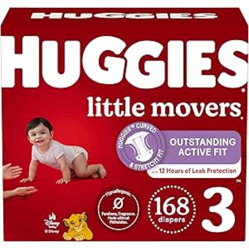 Huggies Size 3 Diapers, Little Movers Baby Diapers, Size 3 (16-28 lbs), 168 Count, Packaging May Vary