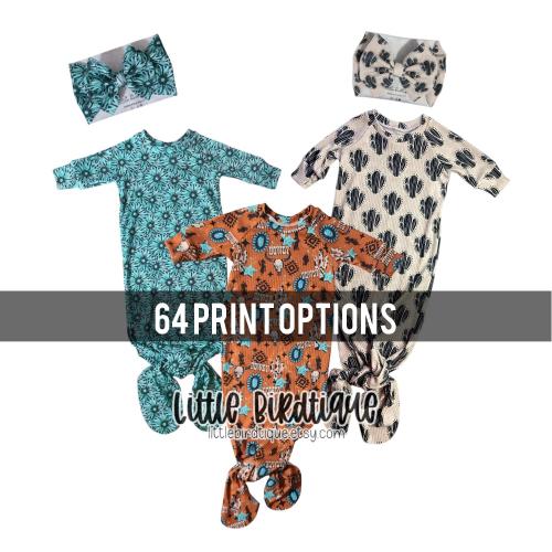 Western Newborn Baby Boy Girl Gender Neutral Knotted Sleeper Gown Knotted Hat Nylon Headwrap Top Knot Messy Wrap Rose Knot Bloom Turban