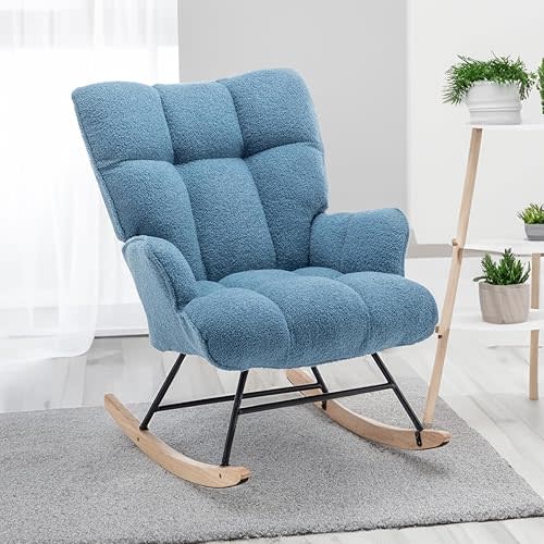 Rocking Chair Nursery Teddy, Upholstered Baby Fluffy Glider Rocker for Adults Small Spaces Indoor, Comfy Sherpa Compact Nursing Chairs for Living Room, Bedroom, LightBlue
