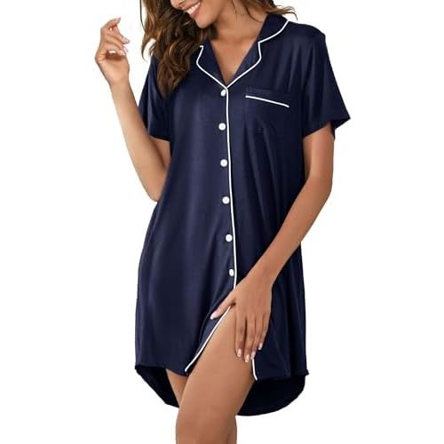 Women's Nightgown Short Sleeve Pajama Dress Soft Button Down Sleep Shirts Comfy Boyfriend Nightdress S-XXL