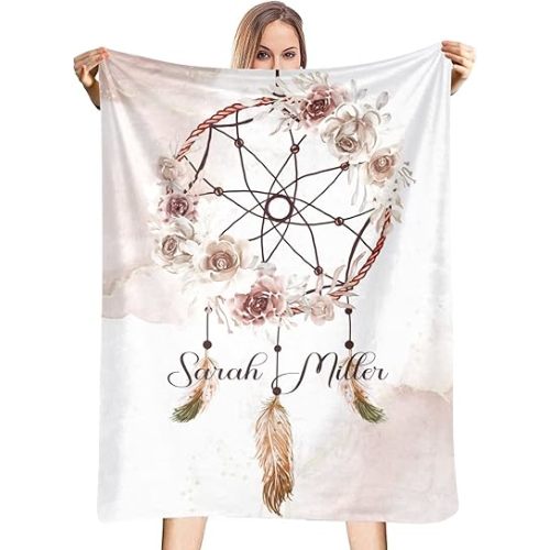 Floral Tribal Dreamcatcher Brown Personalized Baby Blanket for Girl Boy Soft Warm Newborn Throw Naps Swaddle Custom Blanket 30X40 in