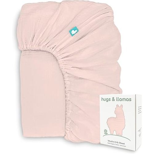 Hugs & Llamas | 100% Organic Cotton Muslin Fitted Crib Sheet - Baby Crib Sheets for Boys & Girls - Neutral (Cotton Candy)