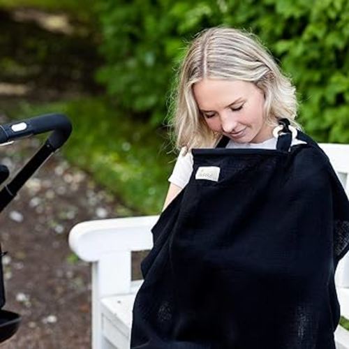 Nursing Cover for Baby Breastfeeding & Pumping | Multi Use Car Seat Stroller Cover | Breathable Soft Muslin Cotton | Breast Feeding Apron & Shawl by TISU (Black (Neutral))
