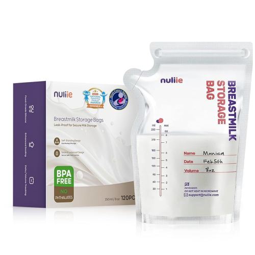 Nuliie 120 Pcs Breastmilk Storage Bags, 8 OZ Breast Milk Storing Bags, BPA-Free, Milk Storage Bags with Pour Spout for Breastfeeding, Self-Standing Bag, Space Saving Flat Profile