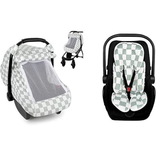 DILIMI Infant Car Seat Insert and Muslin Cotton Car Seat Covers for Babies, Green Checkered