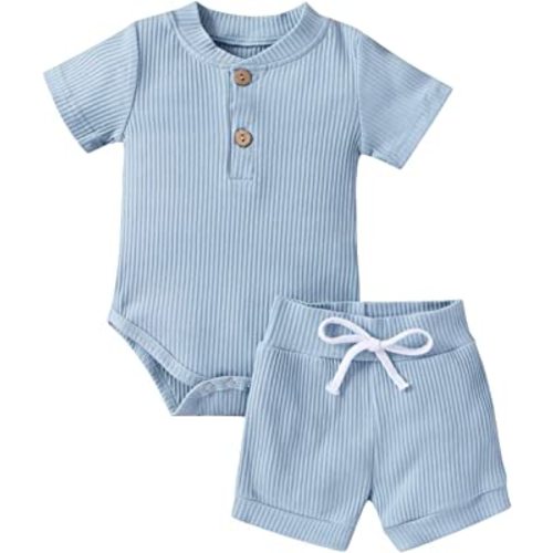 Meiweileya Newborn Baby Boy Girls Clothes Solid Ribbed Short Sleeve Romper Shorts Set Summer Outfits