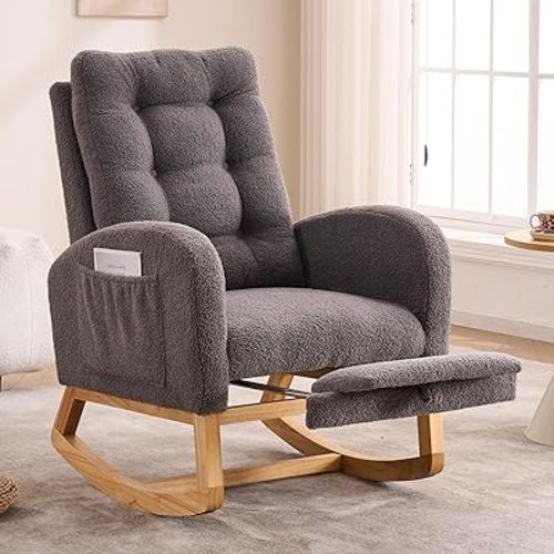 NIOIIKIT Nursery Rocking Chair, Teddy Upholstered Glider Chair with Footrest, Tufted Rocker Recliner with Side Pocket, Comfy Recliner Glider, Accent Chair for Living Room (Grey Teddy)