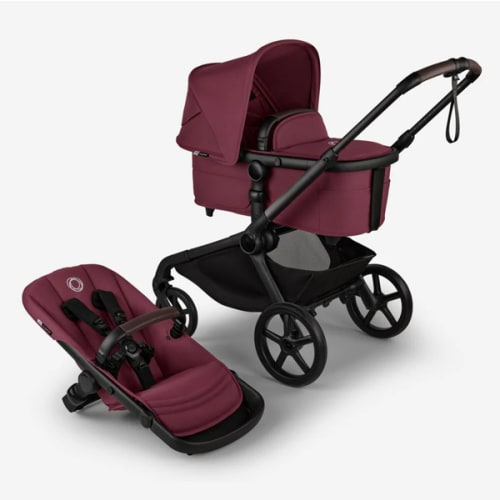 Bugaboo Kangaroo bassinet and seat tandem stroller black base, dark cherry red fabrics, dark cherry red sun canopy
