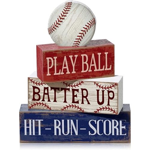4 Pcs Baseball Decorations Baseball Wooden Sign Baseball Centerpieces for Tables Baseball Tiered Tray Decor Decorative Mini Faux Book Stack Block for Coffee Fireplace Mantel Floating Shelf