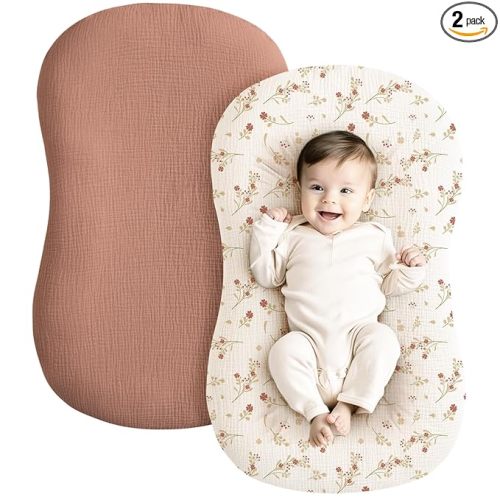 Konssy Muslin Baby Lounger Cover 2 Pack, 100% Cotton Newborn Lounger Cover, Soft and Breathable Baby Nest Slipcover for Boys Girls (Chestnut, Posy)