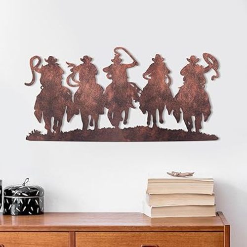 Zonon Western Decoration Vintage Metal Cowboy Wall Decor Silhouette Room Decor Hanging Riding Rustic Cowboys Wall Art Hanging for Home Speakeasy Indoor Bedroom(Rust Color)