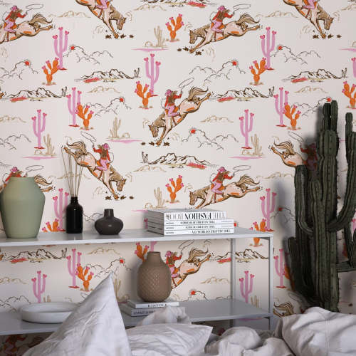 Whimsical Cowgirl Rodeo Wallpaper | Peel and Stick Desert Decor with Cacti – EazzyWalls