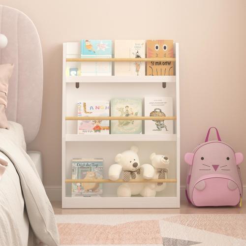 PORKISS 3 Tier Bookshelf for Kids, Wooden Kids Book Rack, Modern Kids Bookcase for Bedroom, Playroom and Classroom, White