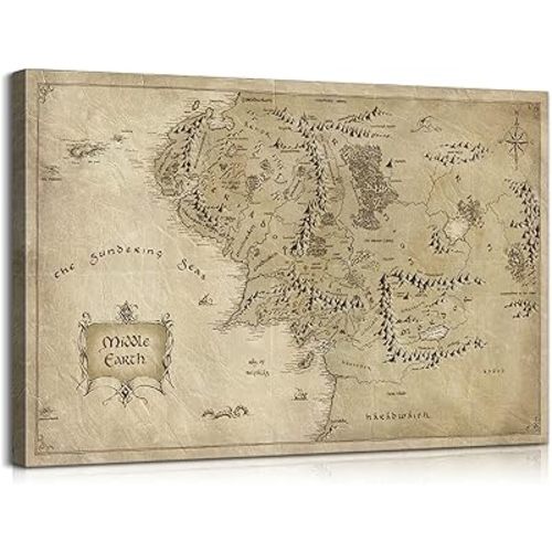 Mistyefly Middle Earth Map Wall Art Canvas Print - Fantasy Map of Middle Earth - 24''H x 36''W with Inner Wooden Frame - Lightweight & Easy to Hang - Perfect for Bedroom, Game Room Decor