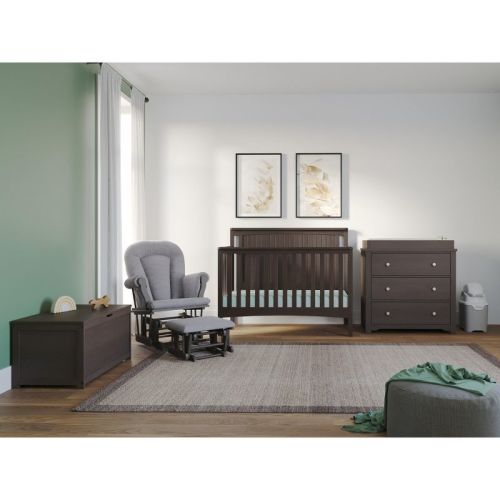 Child Craft Scout 4-piece Nursery Set With 4-in-1 Convertible Crib, Dresser With Changing Table Topper, Cozy Glider, And Toy Box (dapper Gray)