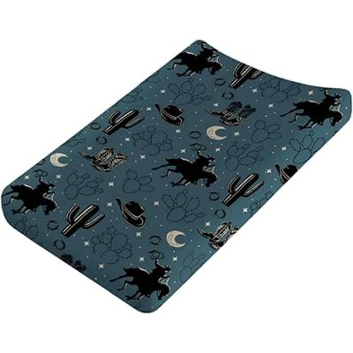 Vintage Western Cowboy Baby Changing Pad Covers Cowboy Horse Boots Hat Cactus Moon Baby Diaper Changing Table Sheets for Boys Wild Plants Soft Breathable Stretchy Nursery Change Table Mats 32''x16''