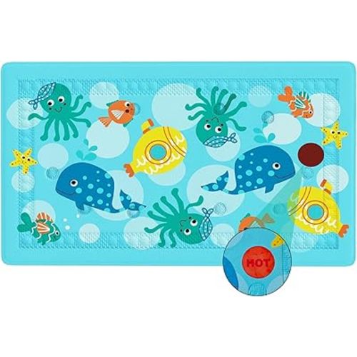 Heat Indicator Baby Bath Mat, 27.6 x 15.8 Inch, Non-Slip Bathtub Mat with Suction Cups for Babies, Toddler and Kids, Fun Cartoon Design for Shower and Bathroom Floor Safety