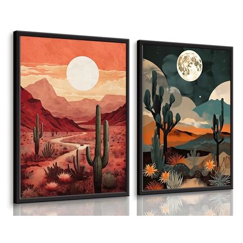 2 Pcs Sun Moon Desert Landscape Wall Art Day Night Western Wall Decor Southwest Boho Cactus Canvas Prints Nature Wilderness Paintings Mid Century Modern Mountain Poster Pictures For Living Room Unframed