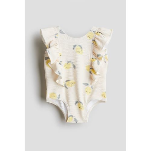 Flounce-trimmed Swimsuit, Round Neck, Sleeveless, Cream/lemons
