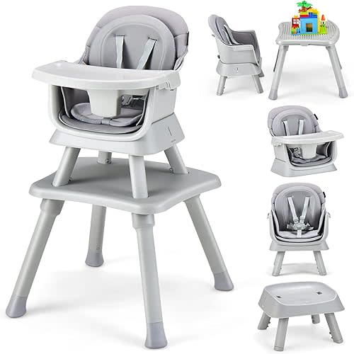 HONEY JOY 8 in 1 Baby High Chair, Convertible Highchair for Babies and Toddlers/Table and Chair Set/Building Block Table/Booster Seat/Stool/Toddler Chair with Safety Harness (Gray)