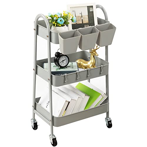 danpinera 3-Tier Rolling Cart, Metal Rolling Storage Cart with Lockable Wheels & Hanging Cups & Hooks, Mobile Trolley Cart for Kitchen, Bathroom, Office, Workshop, Gray