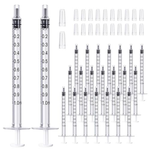 JOLLY PARTY 20 Pack 1ml Syringes with Caps, 1cc Syringe without Needle, Small Oral Syringe with Tip Cap Individually Wrapped for Scientific Labs, Liquid Measuring, Pet Feeding, Oil & Glue Dispenser