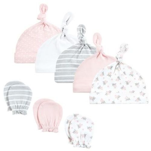 Hudson Baby Infant Girls Cotton Cap and Scratch Mitten Set, Pink Gray Floral, 0-6 Months