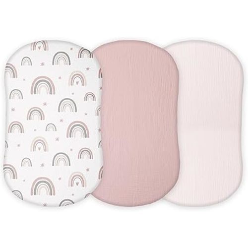 Muslin Bassinet Sheets Compatible with Halo Bassinest Swivel, Flex, Glide, Premiere and Luxe Series Sleeper, Pack 3, 33 X 17 Inch, Ultra Soft and Snug Fit, Unisex Boys Girls, Pink Rainbow