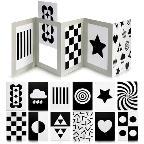 High Contrast Tummy Time Toy For Baby With Large Black and White Cards - Stimulating Sensory Development Boards & Mirror For Babies & Infants 0-3 Months - Twelve Montessori Patterns That Newborns Love