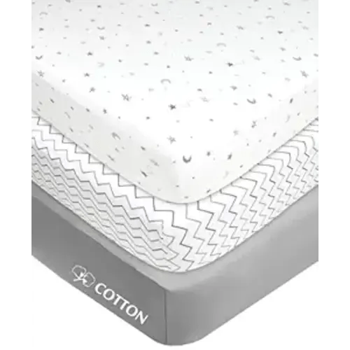 American Baby Company 3 Pack 100% Natural Cotton Fitted Mini Crib Sheets 38" x 24" - Soft & Breathable Small Nesting Portable Sheets, Fits Pack N Play Mattresses, Gray Star/Zigzag, for Boys & Girls