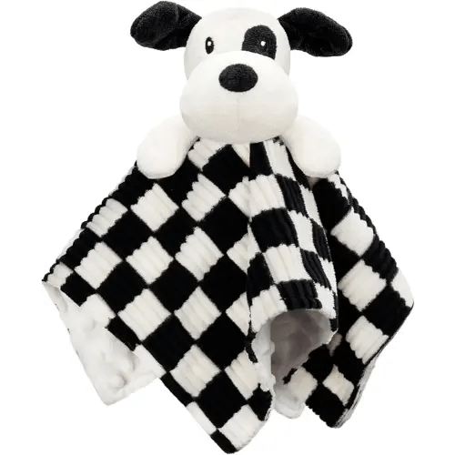 Baby Security Blanket for Boys Girls, High Contrast Super Soft 3D Checkerboard Gingham with Minky Dot Fabric Backing Snuggle Stuffed Animal Blankie Puppy Lovely Black 14 Inch