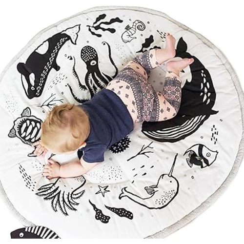 Wee Gallery Ocean Playmat for Babies - Reversible Large Washable Floor Mat for Newborn, Infant, Baby, for Tummy Time Activities, Play, Travel and Development, Organic Fabric, High Contrast Animals