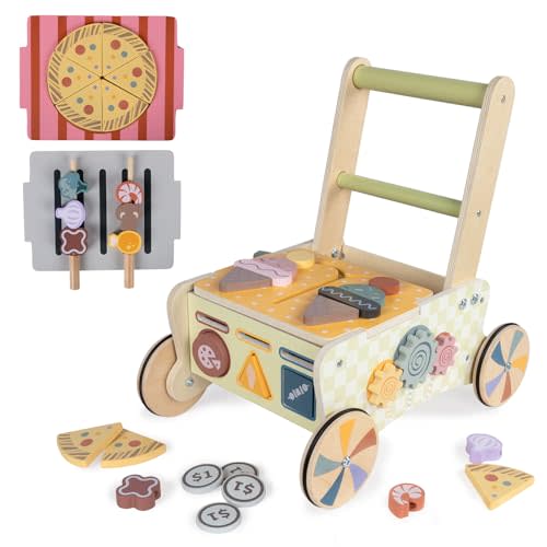BAUTIA Baby Push Toys, Wooden Play Kitchen Food Cart, Montessori Acitivty Center Walker Toys for 1 2 Year Old Girl Boys Gifts