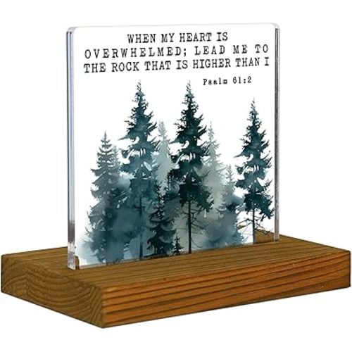 Psalm 61:2 Sign, When My Heart is Overwhelmed Lead Me to the Rock that is Higher Than I, Bible Verse Sign, Christian Sign, Scripture Plaque, Acrylic Desk Decor Sign with Wood Stand - FSA058