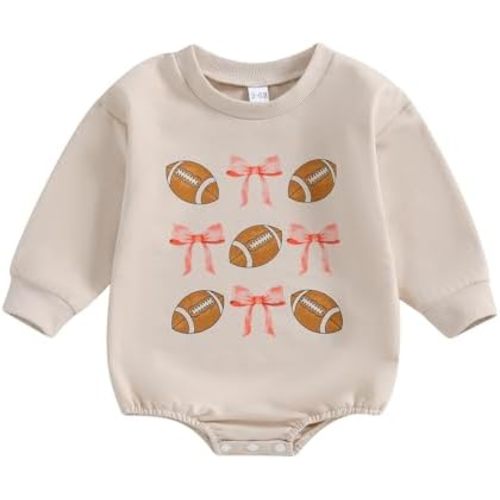 Newborn Baby Girl Football Clothes Football Bow Sweatshirt Romper Long Sleeve Bubble Romper Cute Fall Winter Outfit
