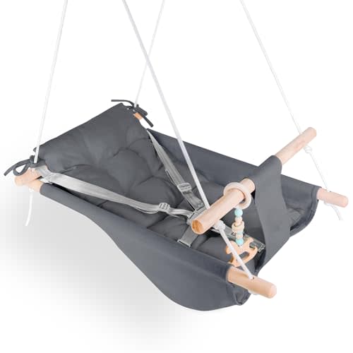 Baby Swing Indoor and Outdoor, Canvas Hammock Swing for Baby to Toddler with a Comfortable Seat, Macaroon Wooden Toy, Adjustable 5-Point Harness,Gift for Baby Boys Girls, 3 Modes, Dark Grey