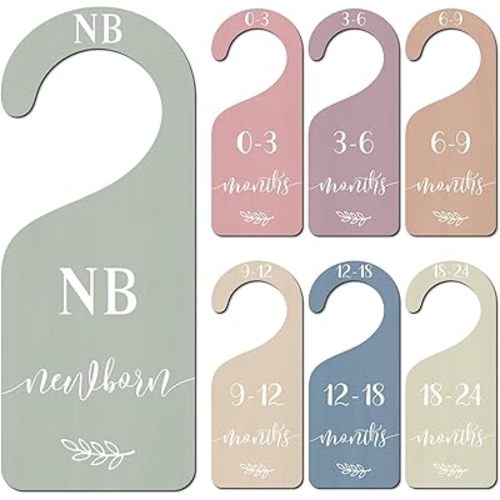 Whaline 7Pcs Boho Wooden Baby Closet Size Dividers with Pink Velvet Bag Newborn to 24 Month Thicken Infant Wardrobe Hanger Organizers for Home Nursery Party Gift Supplies