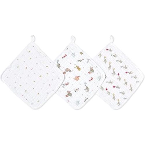 aden + anais Essentials Classic Washcloth Set, Super Soft 100% Cotton Muslin, 3-Pack, Elephant Circus