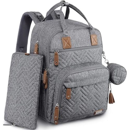 iniuniu Diaper Bag Backpack, 4 in 1 kit Large Unisex Baby Bags for Boys Girls, Waterproof Travel Back Pack with Diaper Pouch, Washable Changing Pad, Pacifier Case and Stroller Straps, Gray
