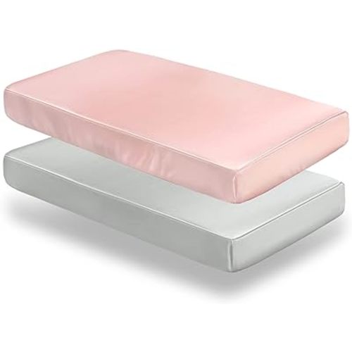 SiinvdaBZX 2 Pcs Satin Mini Crib Sheets 38 x 24In, Silky Soft Mini Portable Crib Sheets Mattress Cover Portable Playard Sheets with 5In Deep Pocket, Great for Baby Hair (Light Grey & Pink)
