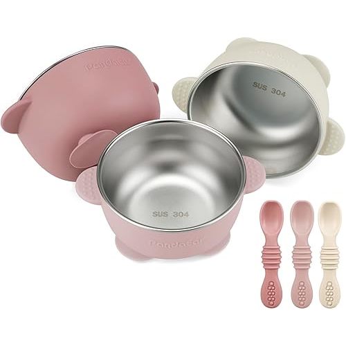 PandaEar 3 Pack Stainless Steel Suction Baby Bowls & 3 Baby Feeding Spoons | Non-Slip Stay Put Bowls & Soft Silicone First Stage Spoons for Toddlers, BPA-Free Baby Led Weaning Set (Pink White)