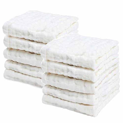 PPOGOO Baby Muslin Washcloths Natural Purified Cotton Baby Wipes Soft Newborn Baby Face Towel Baby Shower Gift 10 Pack Multipurpose - White