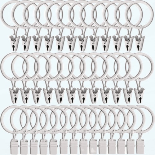 40 Pack White Curtain Rings with Clips, Strong Tension Drapery Rings for Hanging Drapes, Bows, Hats