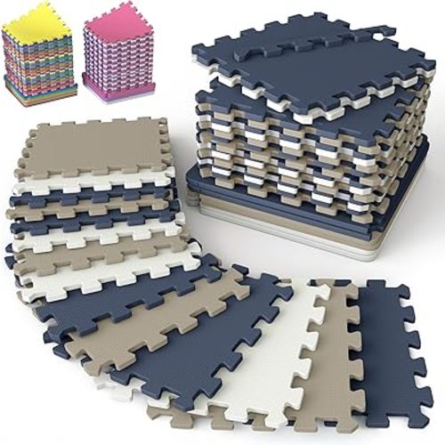 16 Tiles with Borders | 12" x 12" Baby Play Mat Foam Puzzle Floor Tiles | Non-Toxic Soft Waterproof Interlocking EVA Playmat for Nursery Playroom Playpen Toddler Tummy Mat (Blue, Brown & White, 36)